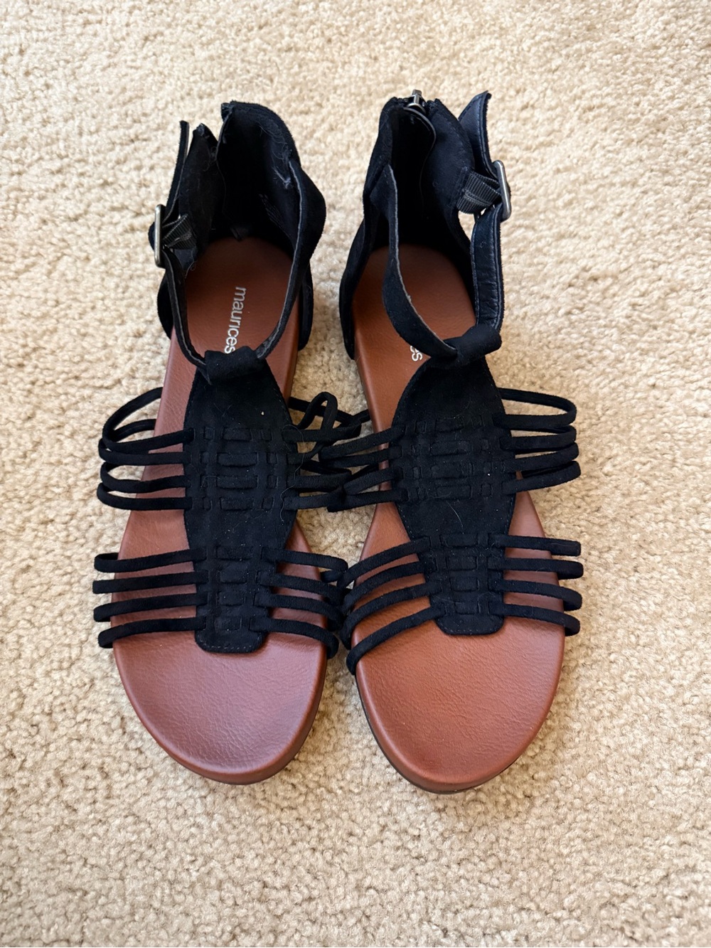 Maurices Black Strappy T-Style Sandals with Tan Footbed
